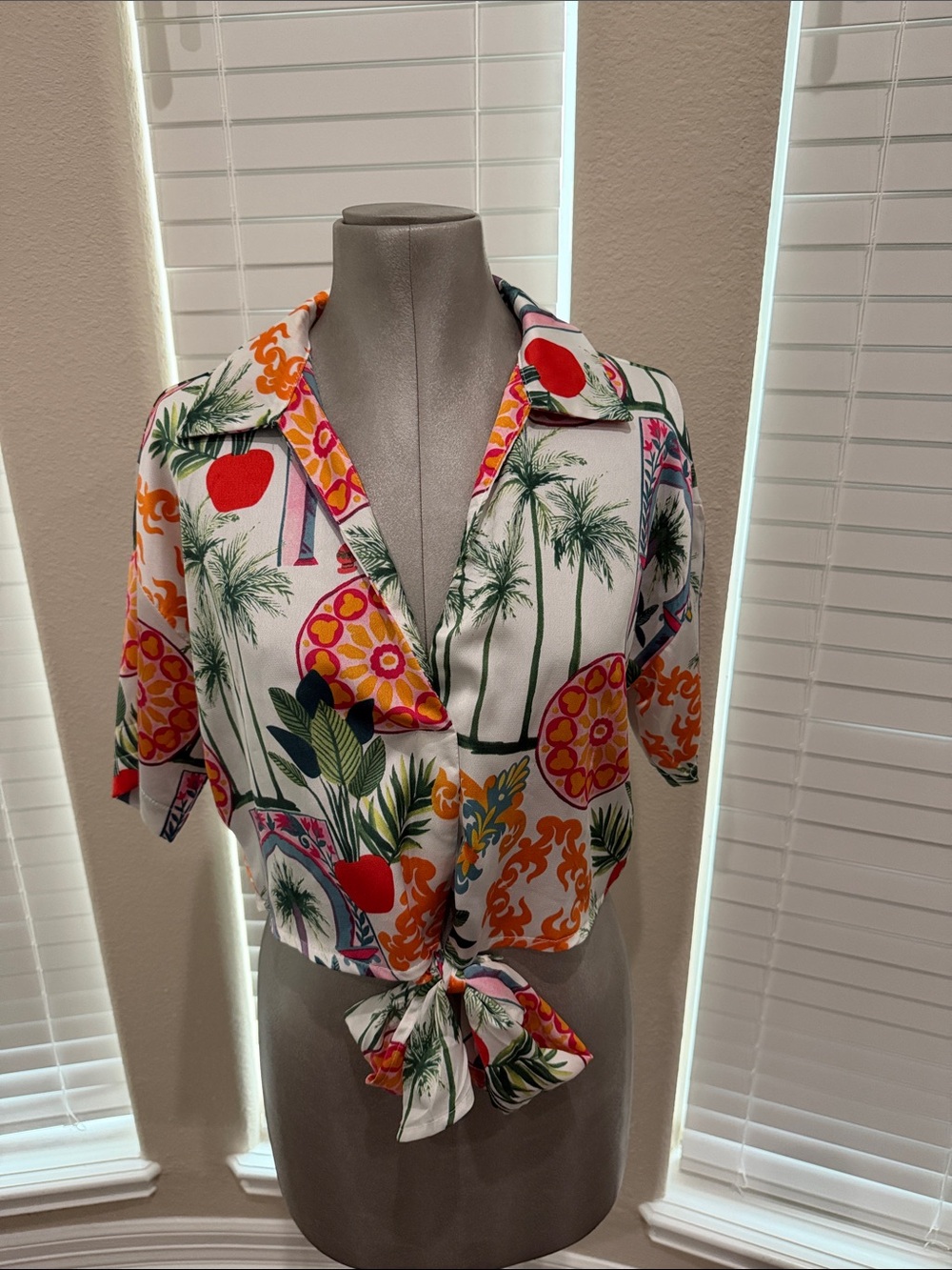 Tropical Print Tie-Front Crop Top - White/Multi